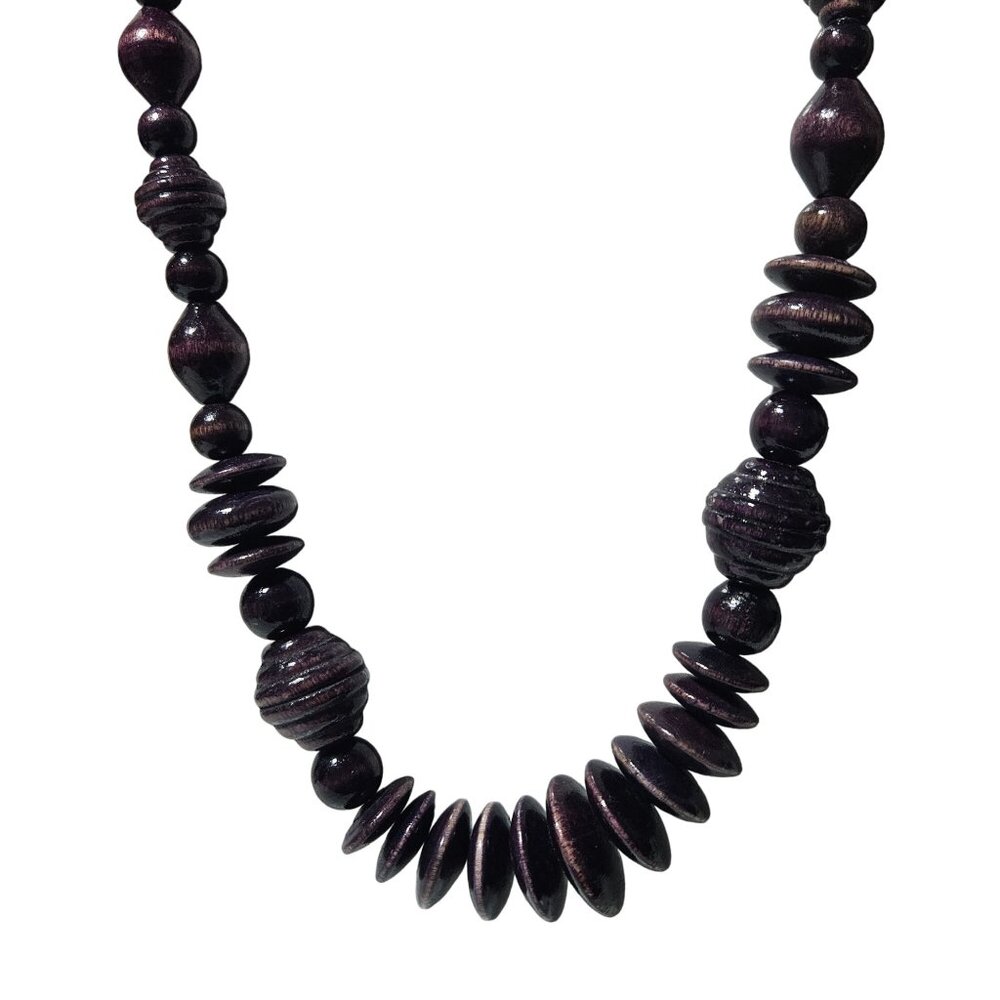 Vintage Chunky Beaded Statement Necklace Handcrafted Purple Wooden Beads Jewelry